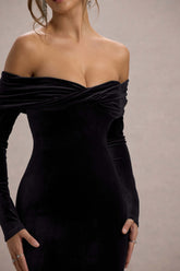 Black Velvet Bardot Midi Dress